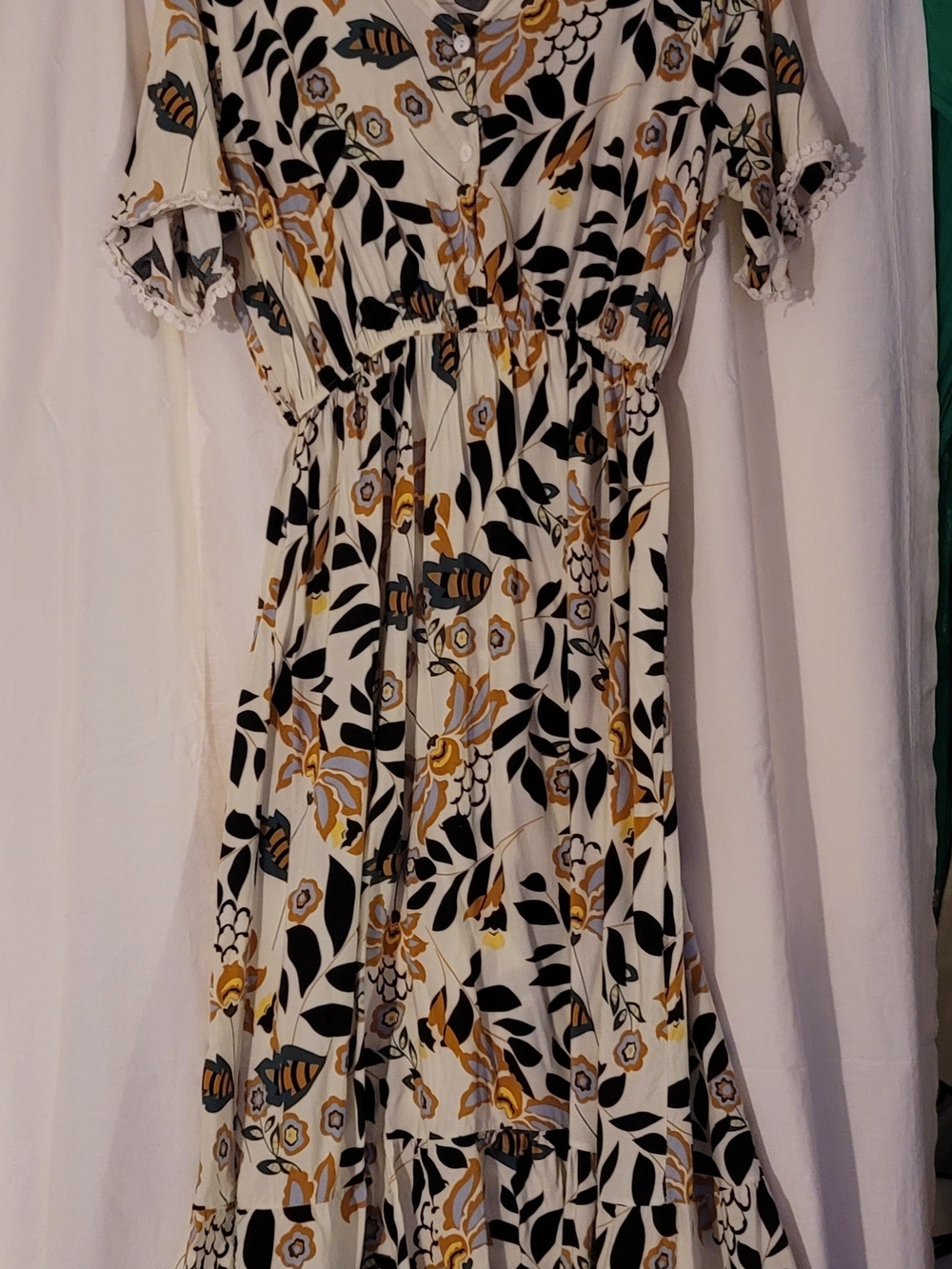Floral Button-Front Midi Dress in White, Green, and Mustard